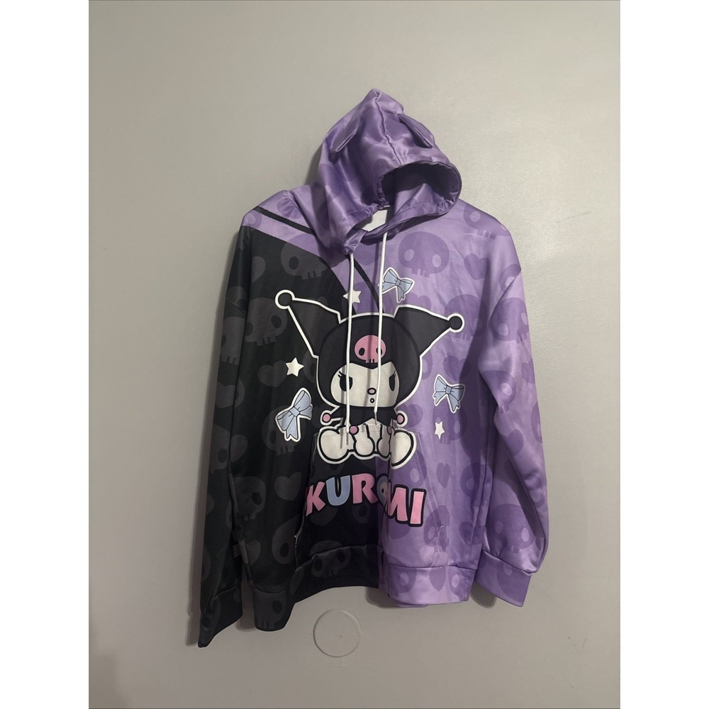 💜 Sanrio Character KUROMI Pull-Over HOODIE w/ EARS ~ Purple & Black Sz Large